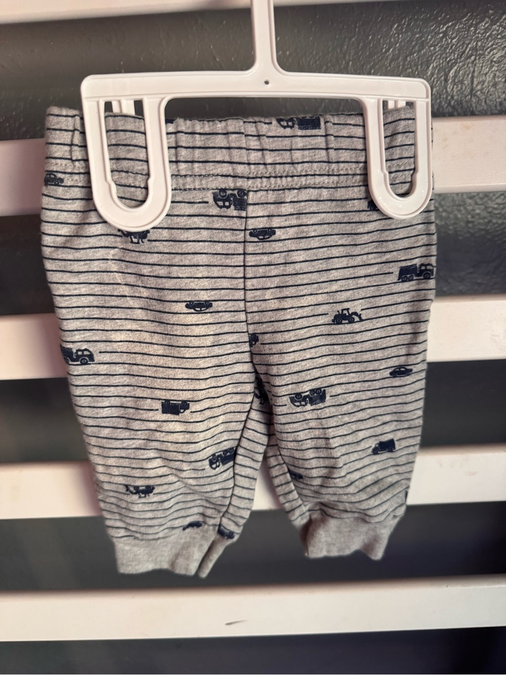Carter's Child of Mine Light Gray Pants with Navy Stripes and Vehicle Accents